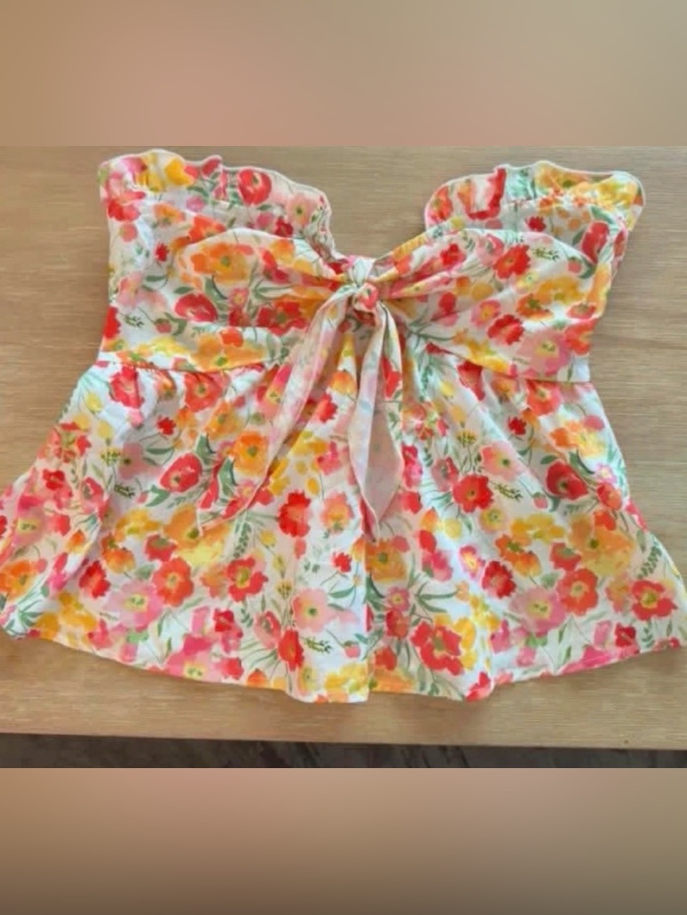 Floral Tie-Front Top - White with Pink & Yellow Flowers